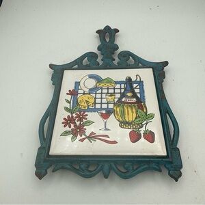 VTG Cast Iron Tile Wine And Cheese Design Distressed Blue/ Green Trivet Japan